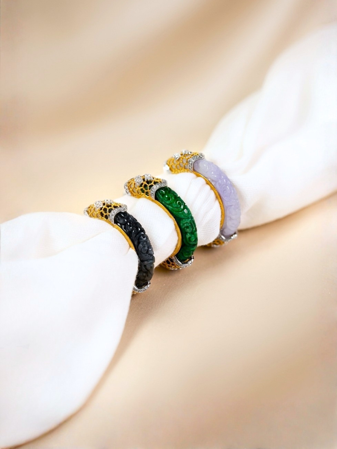 Natural White & Lavender Jade with Diamonds - 18K Solid Gold