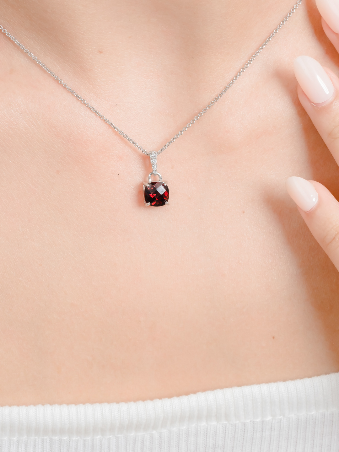 Felicia Necklace (Garnet) - Rhodium Plated
