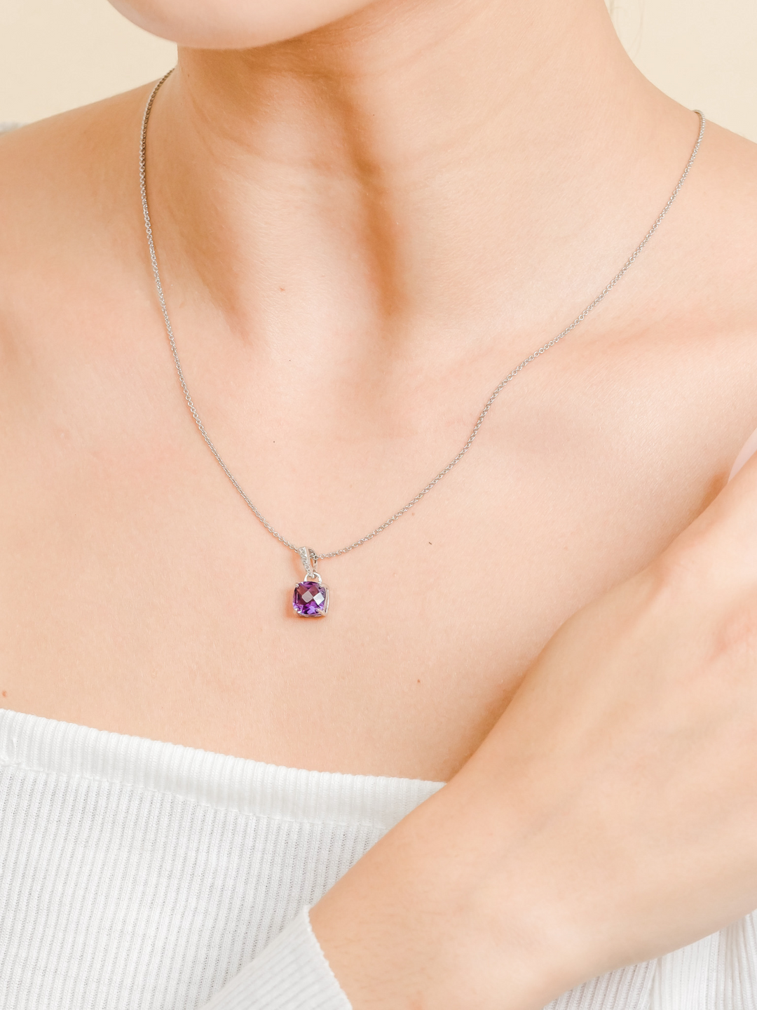 Felicia Necklace (Amethyst) - Rhodium Plated