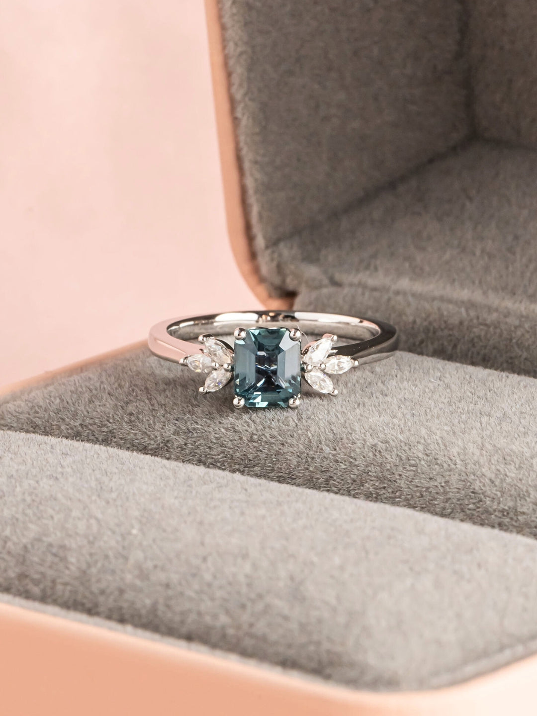 Joelle Ring - 1.135ct Teal Sapphire & Moissanites - 18K White Gold