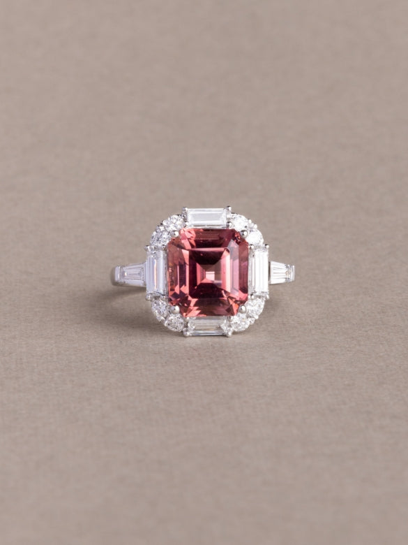 Rosaline Ring - 3.943 CT Tourmaline & Lab Diamond - 18K White Gold