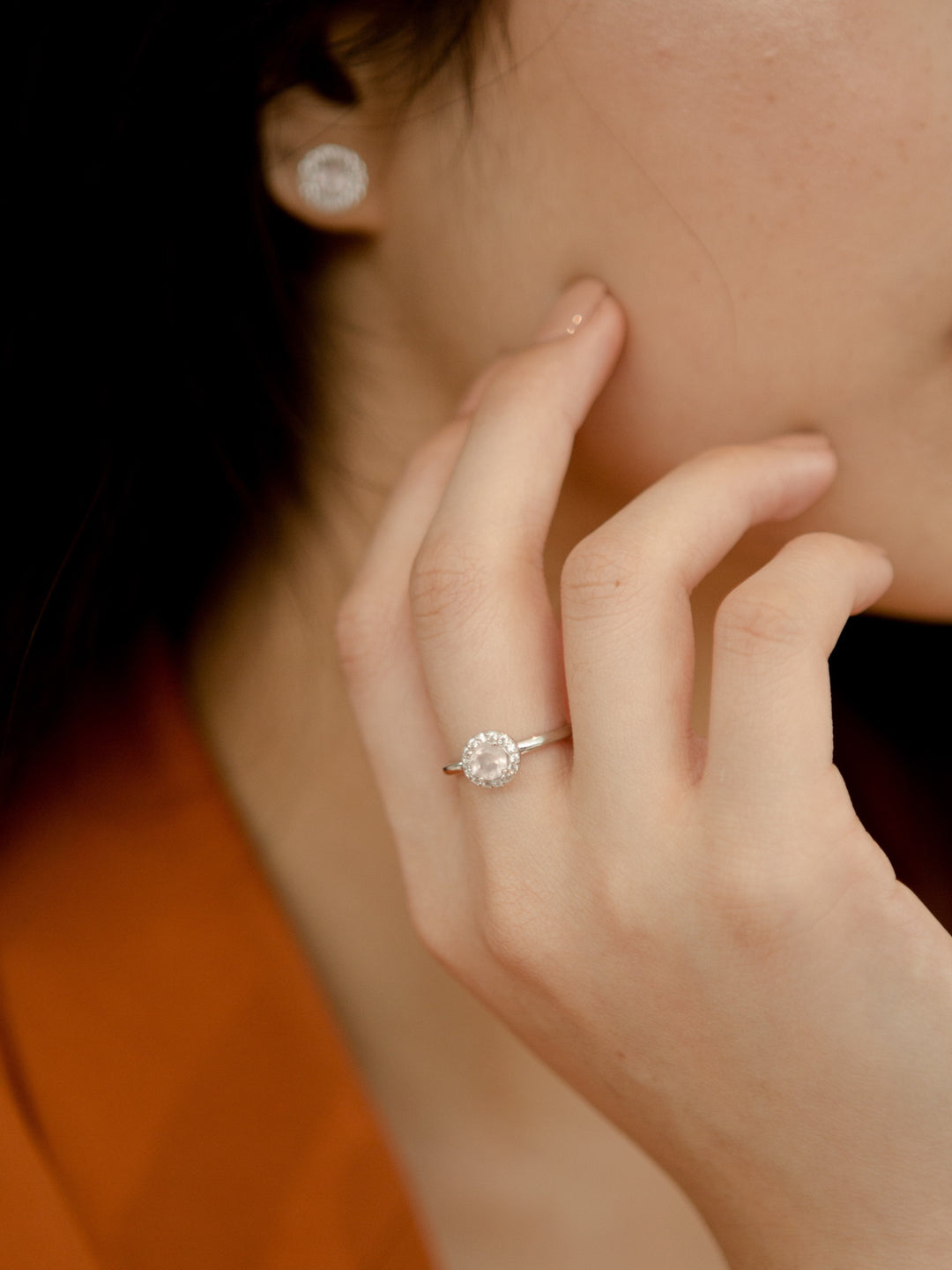 Lydia Ring (Rose Quartz) - Rhodium Plated
