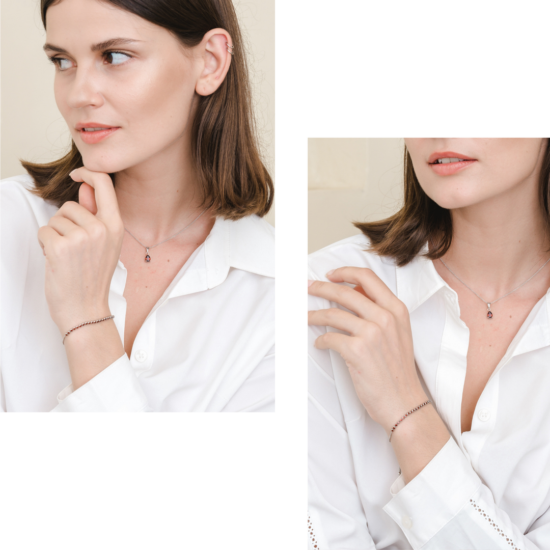 Laura Necklace (Garnet) - Rhodium Plated