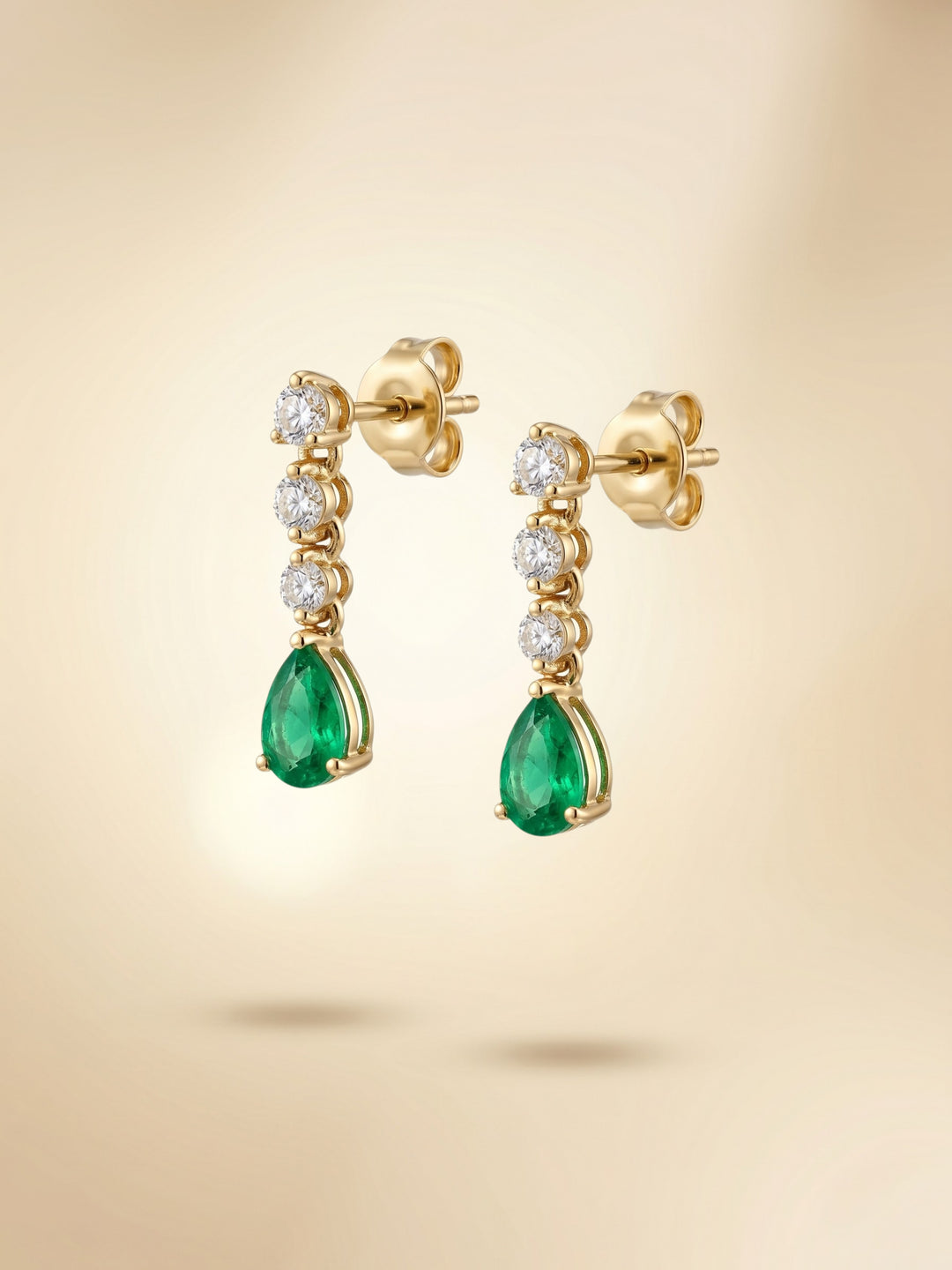 18K Yellow Gold Dangling Afghanistan Emerald Diamonds Stud
