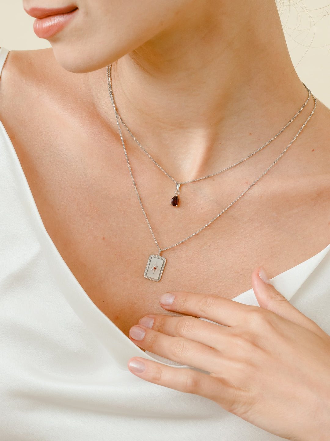 Mother of Pearl Compass Necklace (Garnet) - Rhodium Plated